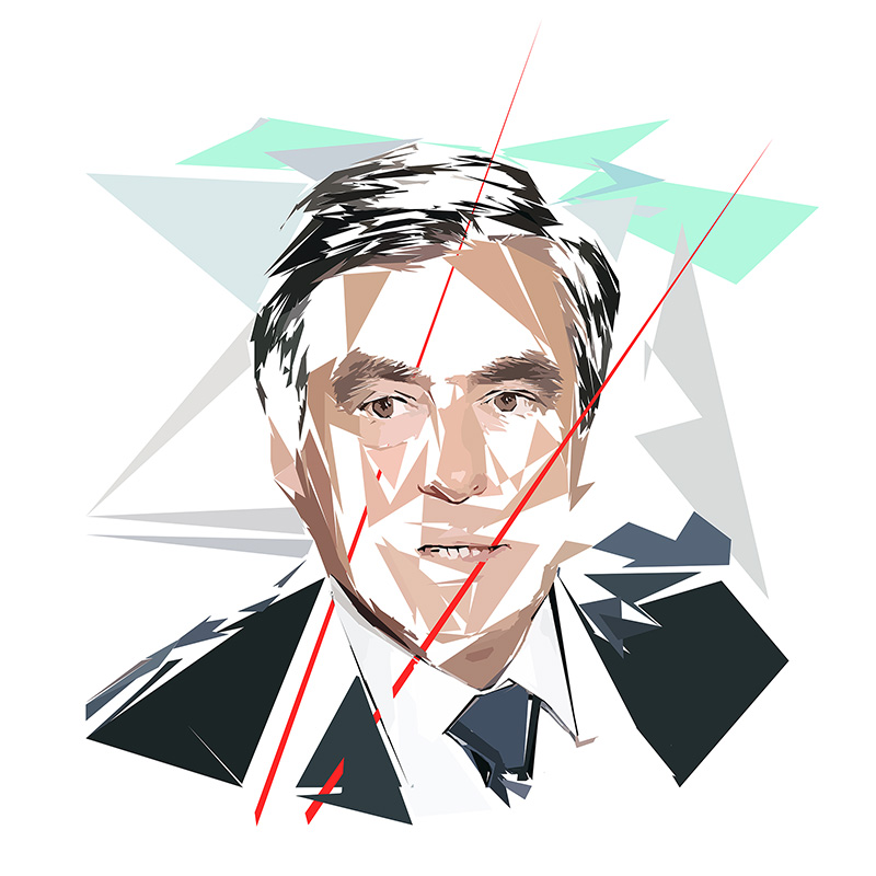 Portrait numérique de François Fillon composé de formes polygonales, d’aplats beige, gris, noirs, blancs et vert d’eau, traversé par plusieurs lignes rouges.