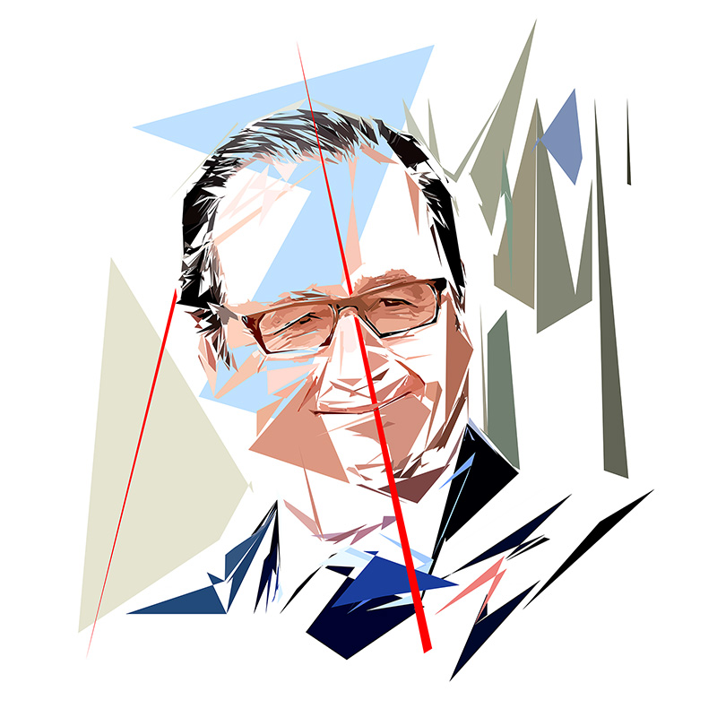 Portrait numérique de François Hollande composé de formes polygonales, d’aplats beige, bleu clair, gris, noir et vert pâle, traversé par plusieurs lignes rouges.