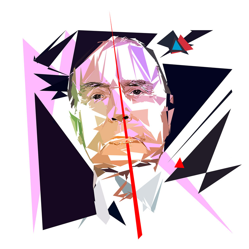 Portrait numérique de François Mitterrand composé de formes polygonales, d’aplats noirs, roses, beige, blancs et bleu nuit, traversé par une longue ligne rouge.