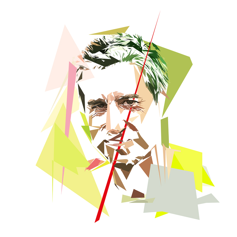 Portrait numérique de François Ruffin composé de formes polygonales, d’aplats vert acide, jaune, gris, beige et blancs, traversé par une longue ligne rouge.