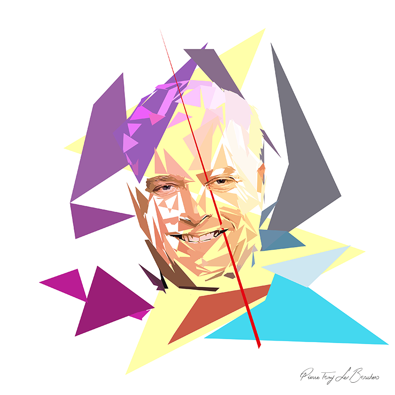 Portrait de Frédéric Gersal construit en facettes colorées sur fond blanc, entouré de formes géométriques violettes, jaunes, turquoise et grises.