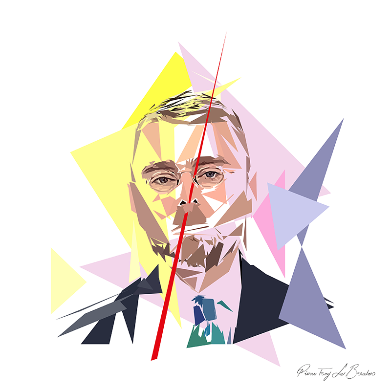Portrait de Frédéric Vion construit en facettes colorées sur fond blanc, entouré de formes géométriques jaunes, roses, mauves, grises et bleu sombre.