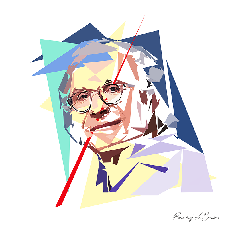 Portrait de Frédéric Zeitoun portant des lunettes, construit en facettes colorées sur fond blanc et entouré de formes géométriques bleues, turquoise, jaunes et violettes.