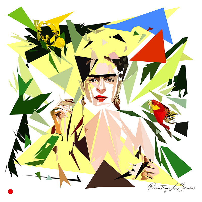 Portrait inspiré de l’iconographie de Frida Kahlo entouré d’oiseaux, de fleurs et de végétation transformés en puissantes droites, pointes et surfaces géométriques vertes, jaunes, rouges, bleues et noires, œuvre de Pierre Tomy Le Boucher.