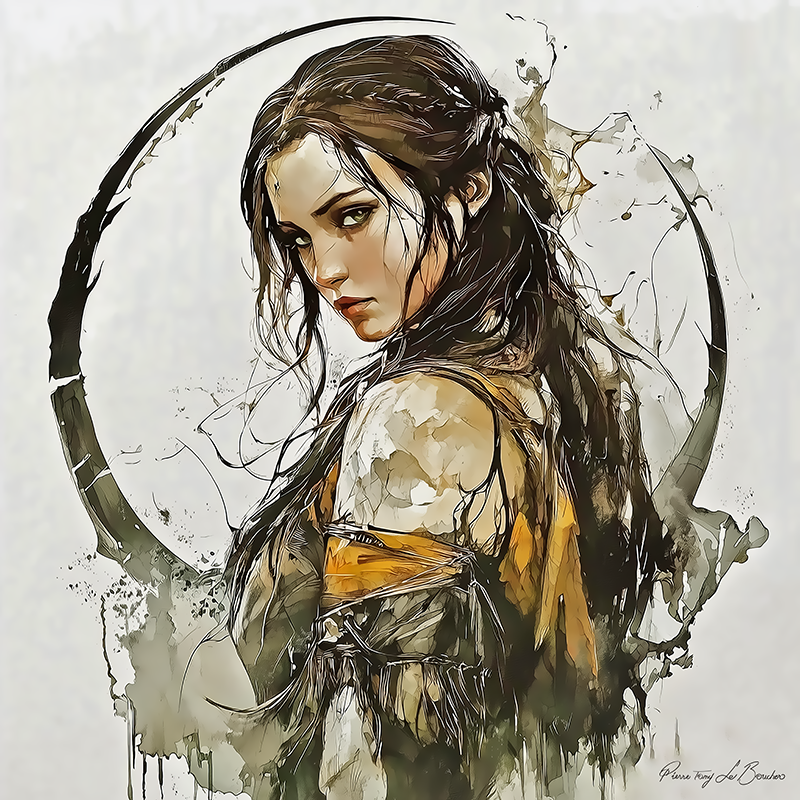 Peinture sur toile représentant Gaïa, déesse grecque personnifiée de la Terre, jeune femme au regard intense inscrite dans un cercle symbolique, dans un style de peinture contemporaine inspirée de la mythologie grecque.