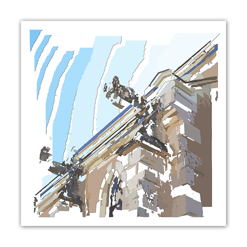 Gargouille sur l’architecture d’une église, recomposée en fragments bleus, beiges, gris et blancs, œuvre Comma de Pierre Tomy Le Boucher.
