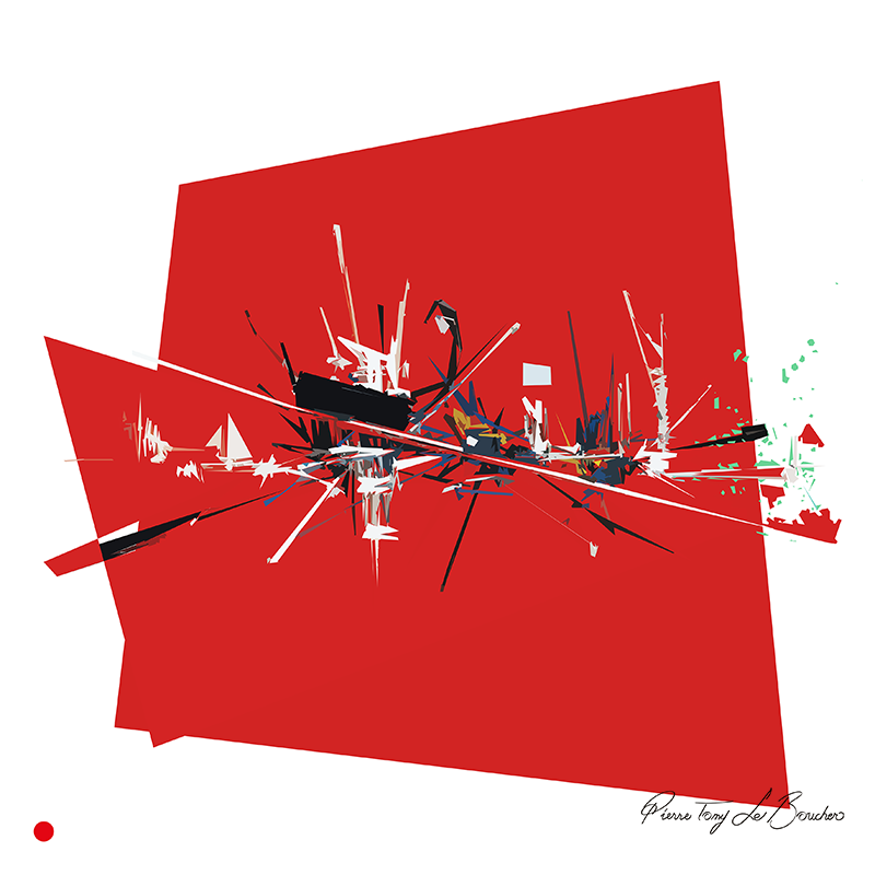 Réinterprétation d’une composition rouge de Georges Mathieu, vaste champ rouge traversé par un réseau puissant de droites, pointes et éclats noirs, blancs, bleus et colorés, œuvre de Pierre Tomy Le Boucher.