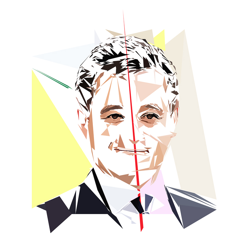 Portrait numérique de Gérald Darmanin composé de formes polygonales, d’aplats jaune pâle, beige, gris, noirs et blancs, traversé par une ligne rouge verticale.