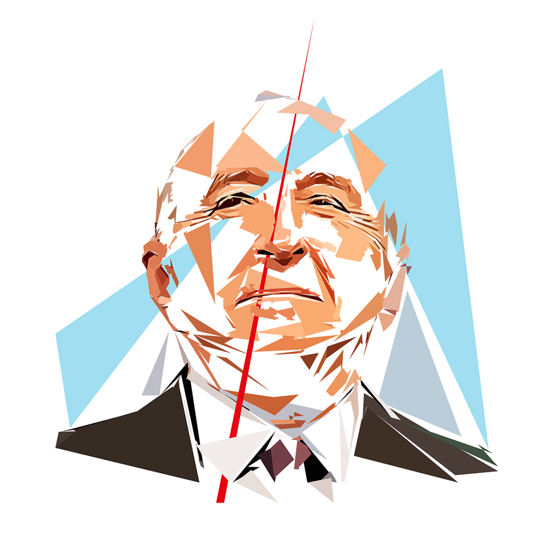 Portrait numérique de Gérard Collomb composé de formes polygonales, d’aplats bleu clair, beige, bruns, noirs et blancs, traversé par une longue ligne rouge.