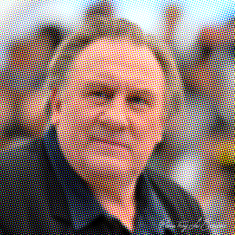 Portrait de Gérard Depardieu traité par dilution optique, composé d’une trame très visible de points cyan, magenta, jaunes et noirs.