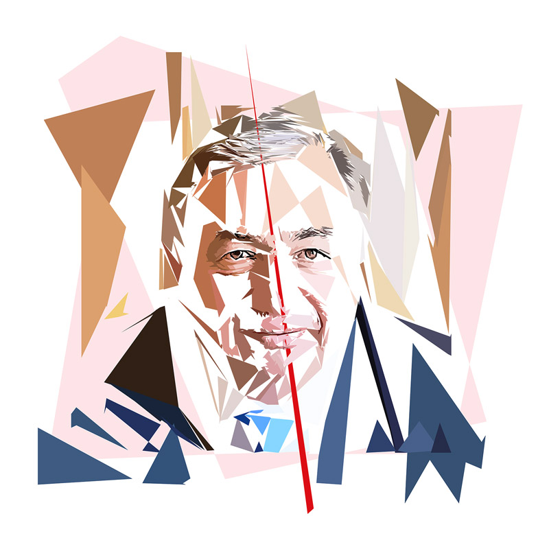 Portrait numérique de Gérard Larcher composé de formes polygonales, d’aplats roses, bruns, bleu gris, beige et blancs, traversé par une longue ligne rouge.