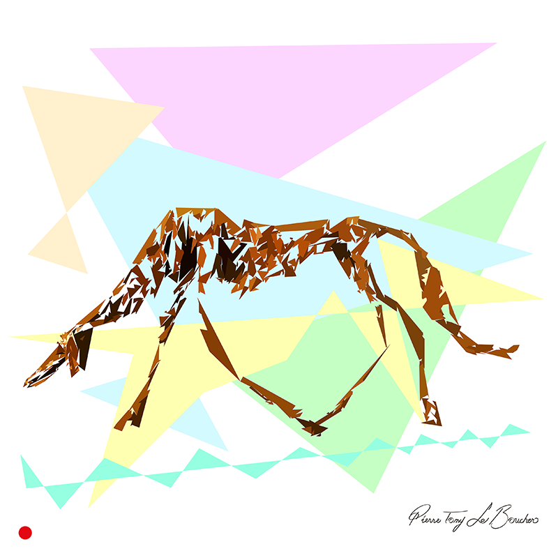 Réinterprétation du Chien d’Alberto Giacometti, animal très allongé construit en fragments et droites brunes tendues sur de grandes surfaces géométriques pastel, œuvre de Pierre Tomy Le Boucher.