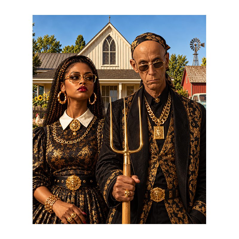 Couple vêtu de noir et d'or devant une maison rurale à fenêtre gothique ; l’homme tient une fourche dorée, dans une réinterprétation d'American Gothic.