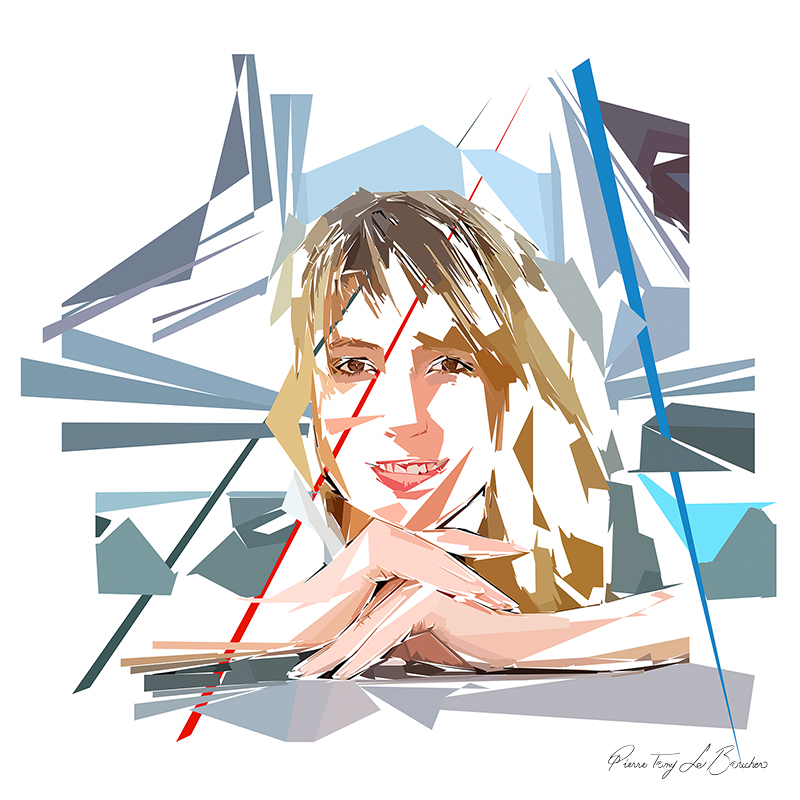 Portrait de Grace, compagne d’Éole, femme blonde souriante composée de formes polygonales bleues, grises, beiges et blanches traversées de lignes rouges et bleues.