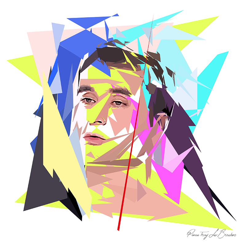 Portrait de Grégoire Tournon construit en facettes colorées sur fond blanc, entouré de formes géométriques jaunes, bleues, turquoise, roses et violettes.