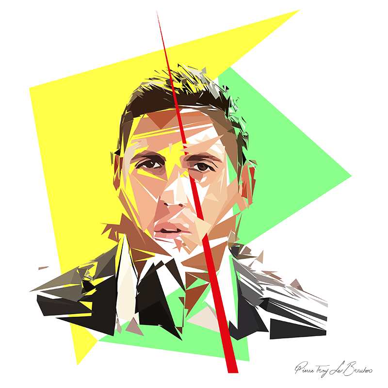 Portrait de Grégory Naboulet construit en facettes colorées sur fond blanc, entouré de grandes formes géométriques jaunes et vertes.