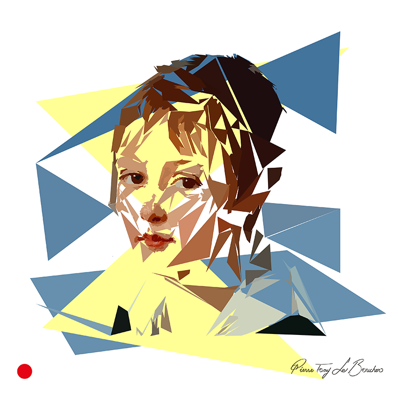 Réinterprétation du Portrait de Jacques Amalric d’Antoine-Jean Gros, visage d’enfant fragmenté en aplats géométriques bruns, chair, jaunes et bleus, œuvre de Pierre Tomy Le Boucher.