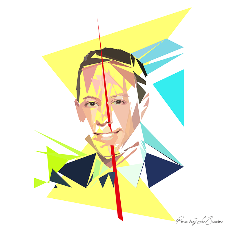 Portrait de Guillaume Daret construit en facettes colorées sur fond blanc, entouré de formes géométriques jaunes, turquoise, vertes et bleu sombre.
