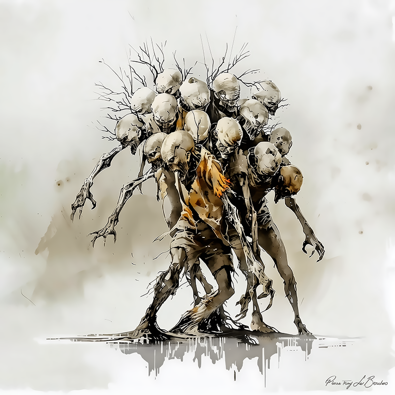 Gygès – divinité grecque personnifiée de l’Hécatonchire aux cent bras, créature mythologique composée de multiples têtes et membres dans une peinture sombre inspirée de la mythologie grecque.
