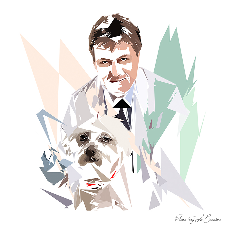Portrait d’Hadès accompagné de son chien Menthéos, composé de formes polygonales blanches, beiges, brunes, grises et vert pâle.