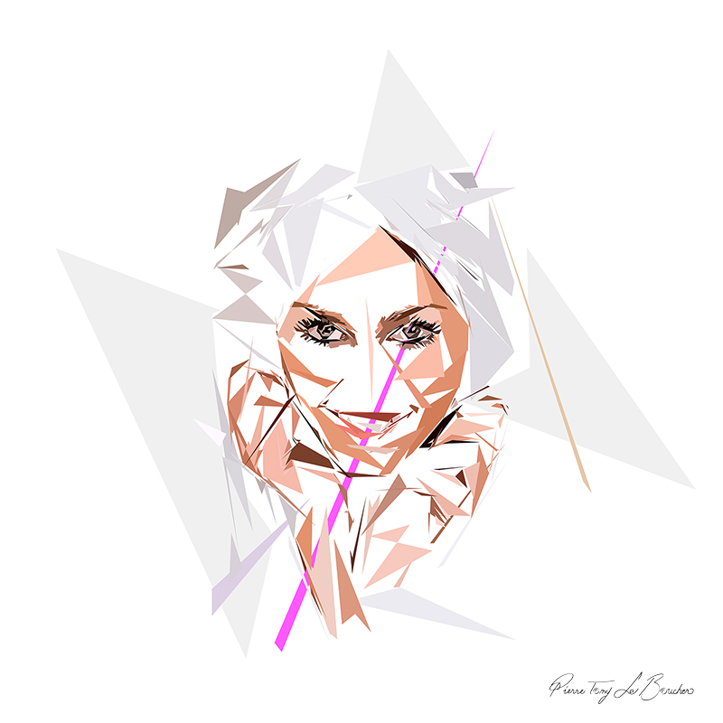 Portrait d’Hébé, femme blonde souriante composée de formes polygonales blanches, beiges, roses et gris très pâle, traversées d’une ligne rose vif.