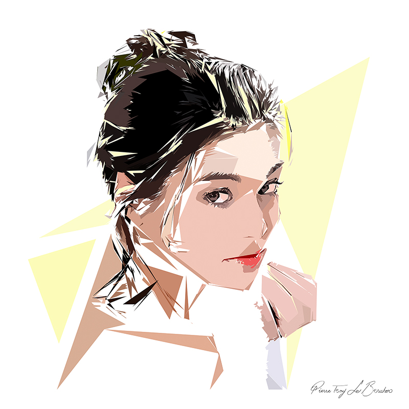 Portrait d’Hécate, femme brune au visage de trois quarts composée de formes polygonales blanches, beiges, brunes et jaune pâle.