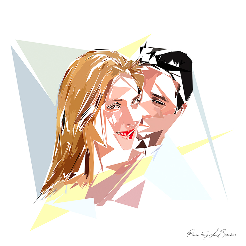 Portrait d’Hélianthe et Apollon réunis, composé de formes polygonales blanches, beiges, brunes, roses et jaune pâle.