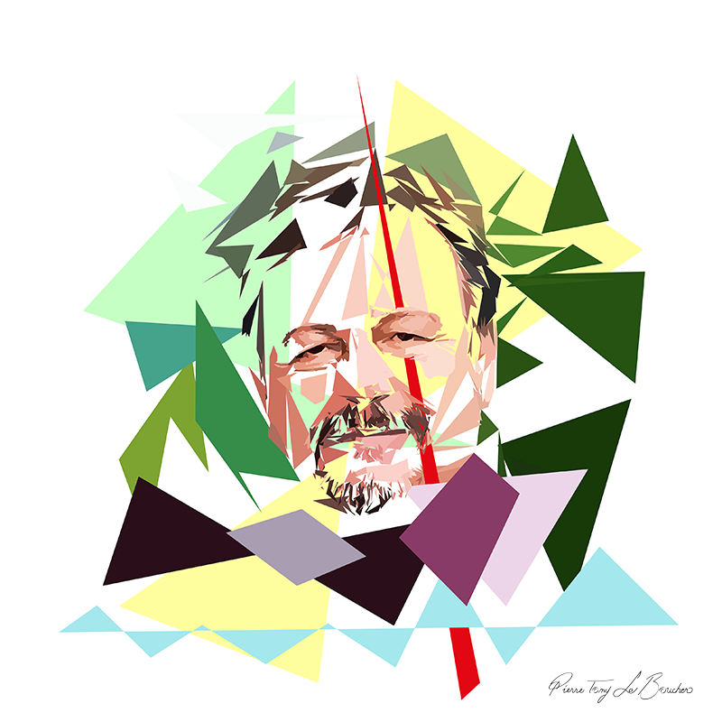Portrait d’Henry-Jean Servat construit en facettes colorées sur fond blanc, entouré de formes géométriques vertes, jaunes, turquoise, brunes et violettes.