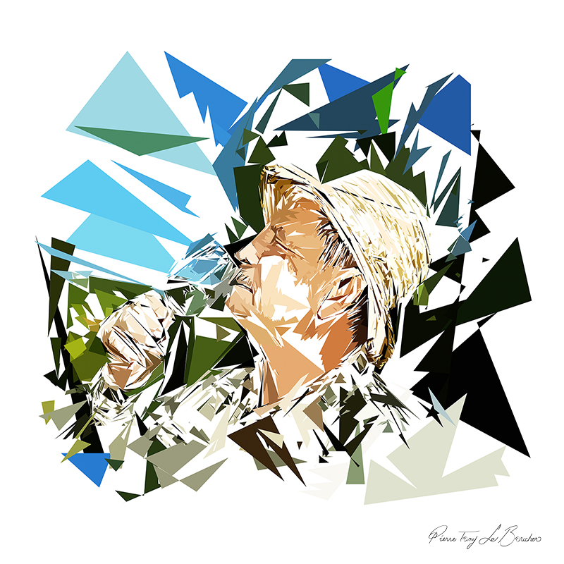 Portrait d’Héphaïstos de profil, coiffé d’un chapeau et tenant un verre, composé de formes polygonales bleues, vertes, noires, beiges et blanches.