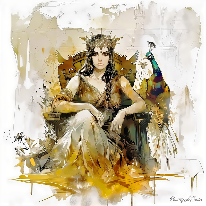 Héra – divinité grecque personnifiée du mariage et de la royauté, représentée sur un trône avec paon dans une peinture mythologique symbolisant pouvoir et majesté.