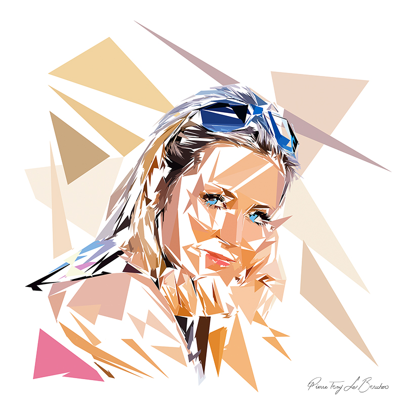 Portrait d’Héra, femme blonde portant des lunettes sur la tête, composée de formes polygonales beiges, brunes, bleues, roses et blanches.