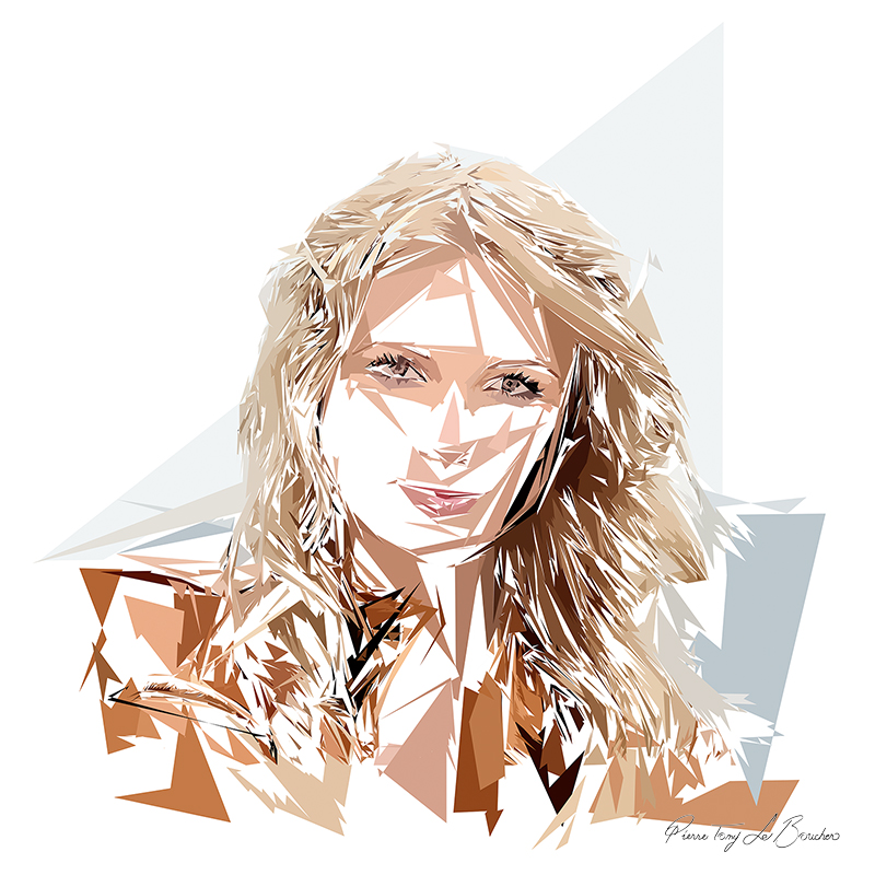 Portrait d’Héraïme, femme blonde au regard direct composée de formes polygonales blanches, beiges, brunes et gris pâle.