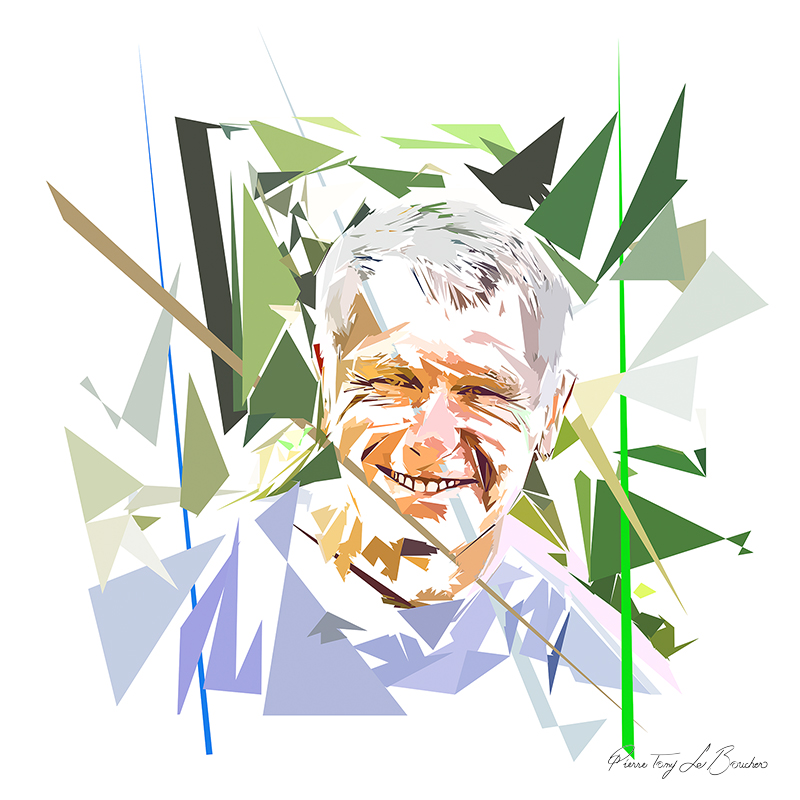 Portrait d’Héraclès, homme aux cheveux gris souriant, composé de formes polygonales vertes, bleues, beiges et blanches traversées de longues lignes colorées.