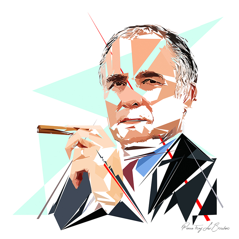 Portrait d’Hermès, homme en costume sombre tenant un cigare, composé de formes polygonales beiges, noires, bleues et blanches traversées de lignes rouges.