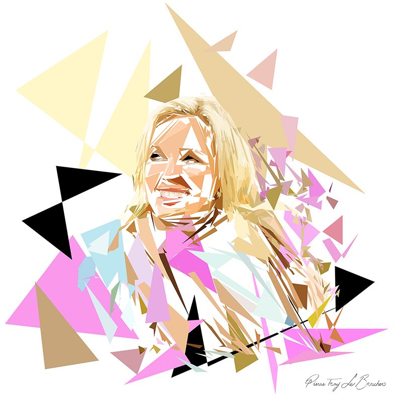 Portrait d’Hestia, femme blonde souriante composée de formes polygonales roses, beiges, jaunes, noires et blanches.