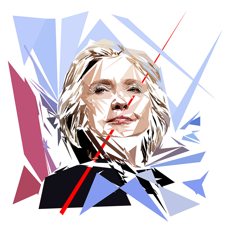 Portrait numérique d’Hillary Clinton composé de formes polygonales, d’aplats bleu clair, rose, noir, beige et blancs, traversé par une longue ligne rouge.