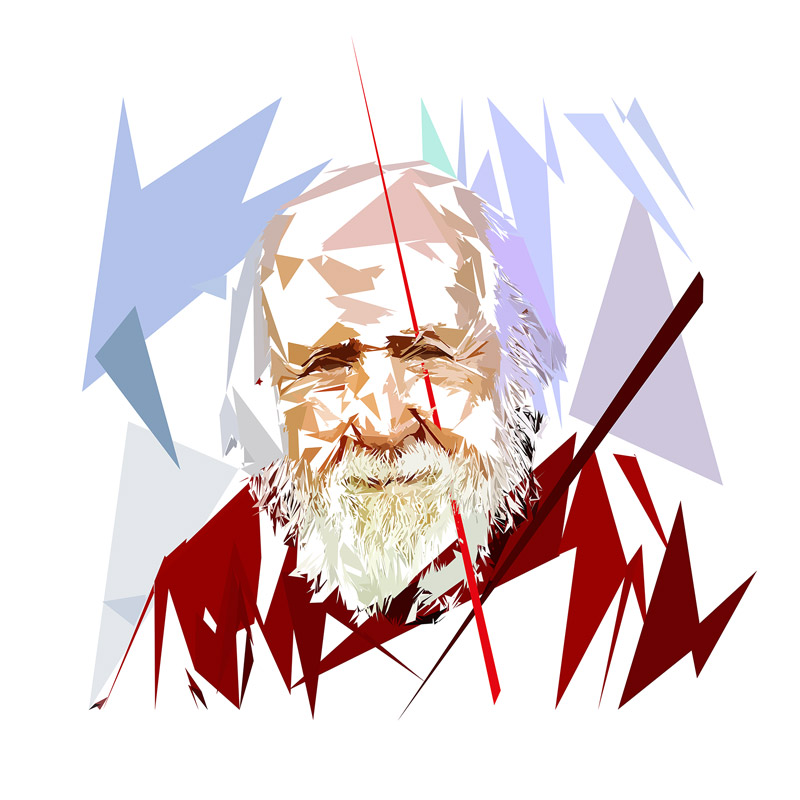 Portrait d’Hubert Reeves composé de polygones, d’aplats colorés et de lignes droites, œuvre de Pierre Tomy Le Boucher.