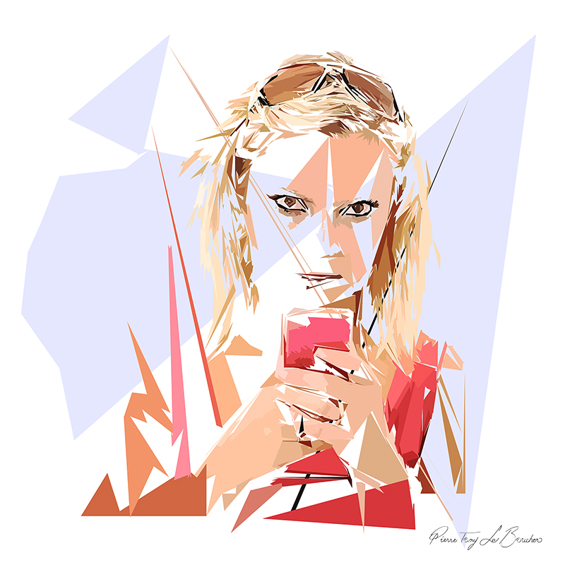 Portrait d’Ilithye, femme blonde tenant un verre rose, composée de formes polygonales roses, beiges, bleu pâle et blanches.
