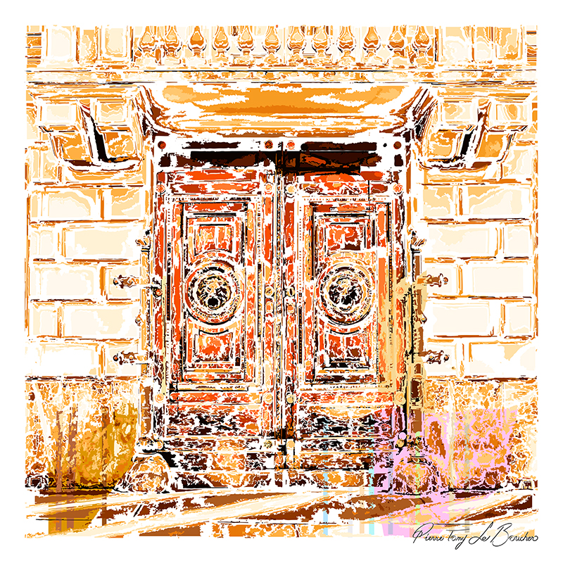 Porte monumentale d’un immeuble de prestige transformée en composition graphique ocre, orangée, brune et blanche, œuvre de la série Architexture.