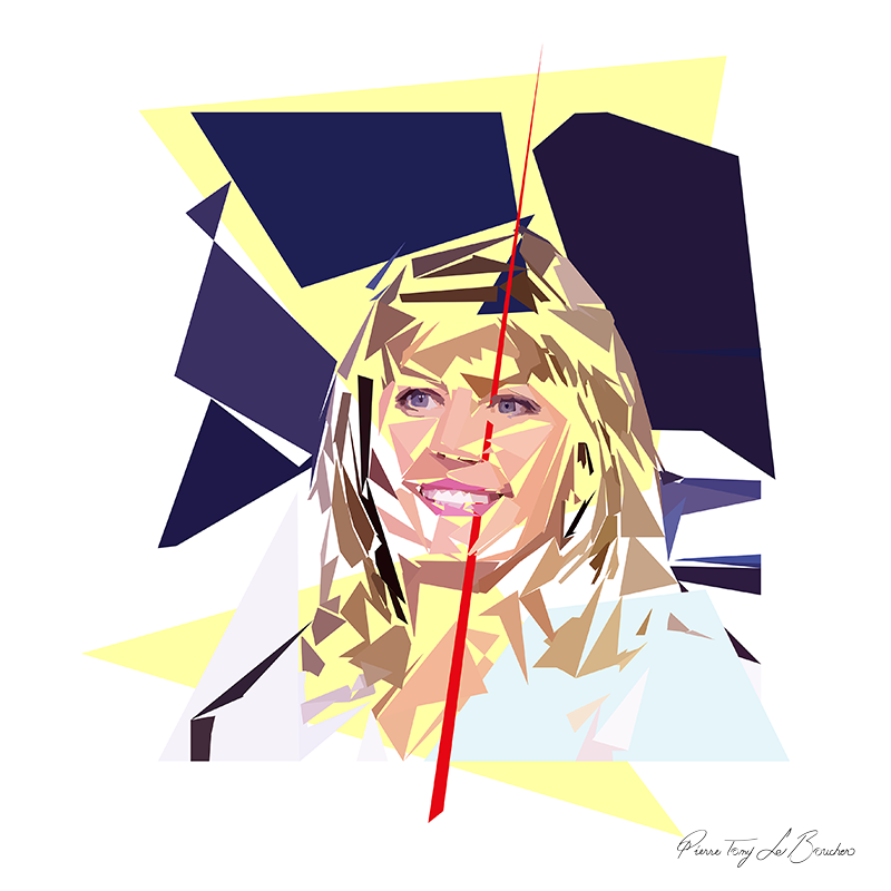 Portrait d’Isabelle Chalençon construit en facettes colorées sur fond blanc, entouré de formes géométriques jaunes, bleu nuit, violettes et bleu clair.