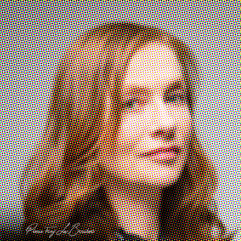 Portrait d’Isabelle Huppert traité par dilution optique, composé d’une trame très visible de points cyan, magenta, jaunes et noirs.