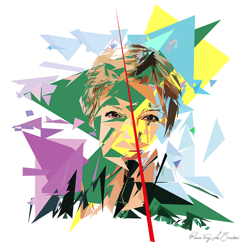 Portrait d’Isabelle Martinet construit en facettes colorées sur fond blanc, entouré de formes géométriques vertes, jaunes, turquoise, mauves et bleu clair.