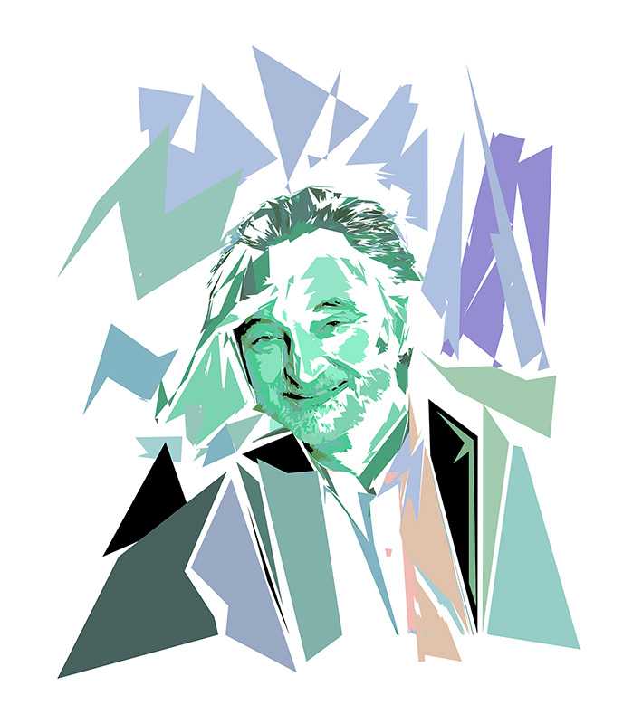 Portrait numérique de Jacques Attali composé de formes polygonales, d’aplats verts, turquoise, bleu clair, violets, noirs et blancs.