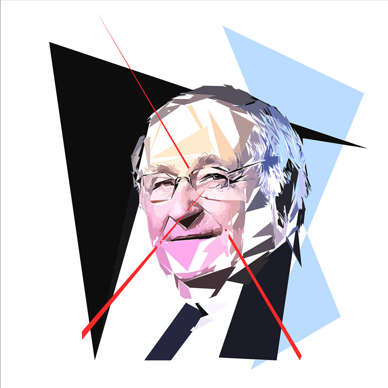 Portrait numérique de Jacques Cheminade composé de formes polygonales, d’aplats noirs, bleu clair, roses, violets et blancs, traversé par plusieurs lignes rouges.