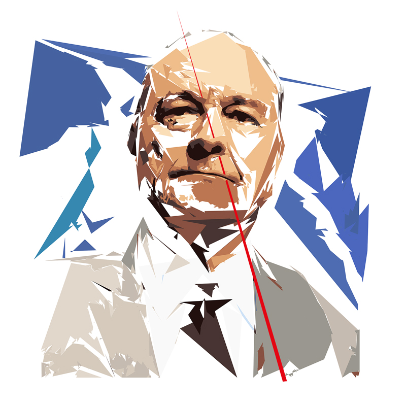 Portrait numérique de Jacques Chirac vu de face, composé de formes polygonales, d’aplats bleu, beige, bruns, gris et blancs, traversé par plusieurs lignes rouges.