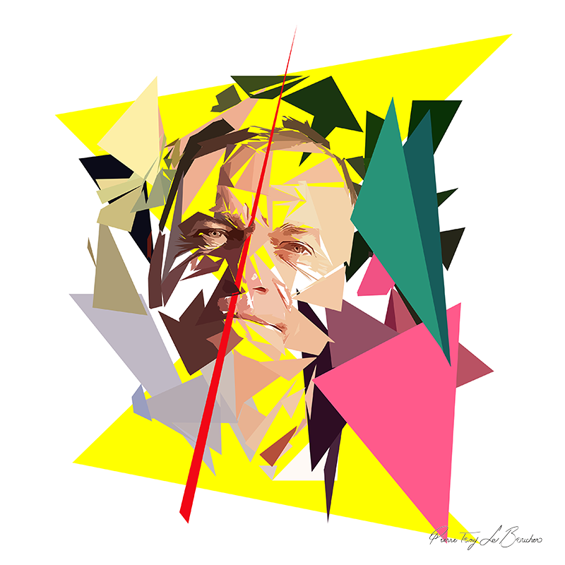 Portrait de Jacques Dejeandile construit en facettes colorées sur fond blanc, entouré de formes géométriques jaunes, vertes, roses, brunes et grises.