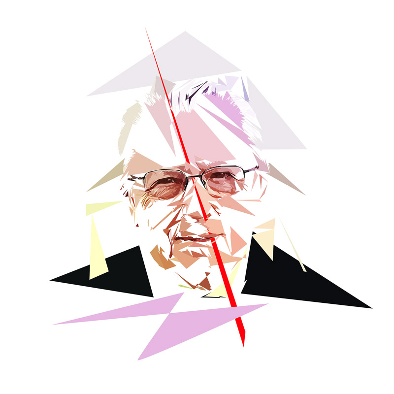Portrait numérique de Jacques Delors composé de formes polygonales, d’aplats roses, beige, noirs, mauves et blancs, traversé par une longue ligne rouge.
