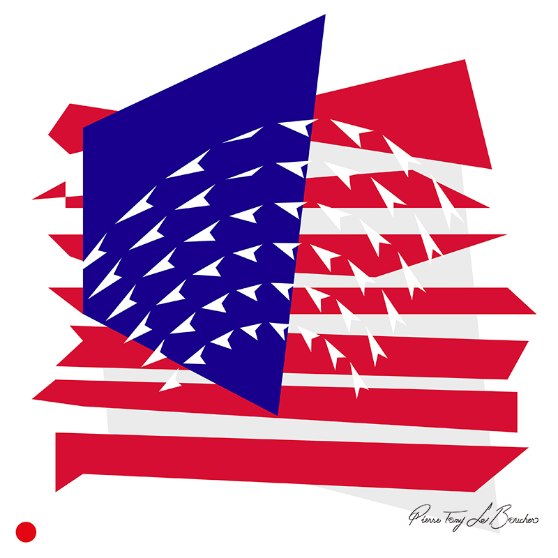 Réinterprétation de Flag de Jasper Johns, drapeau américain transformé en puissants plans géométriques rouges, blancs et bleu profond, traversés de pointes et de diagonales, œuvre de Pierre Tomy Le Boucher.