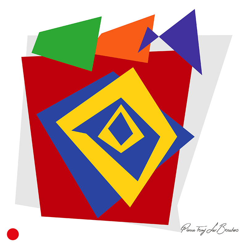 Réinterprétation de Target de Jasper Johns, cible transformée en carrés obliques jaunes et bleus sur un grand plan rouge, entourés de formes géométriques vertes, orangées et violettes, œuvre de Pierre Tomy Le Boucher.