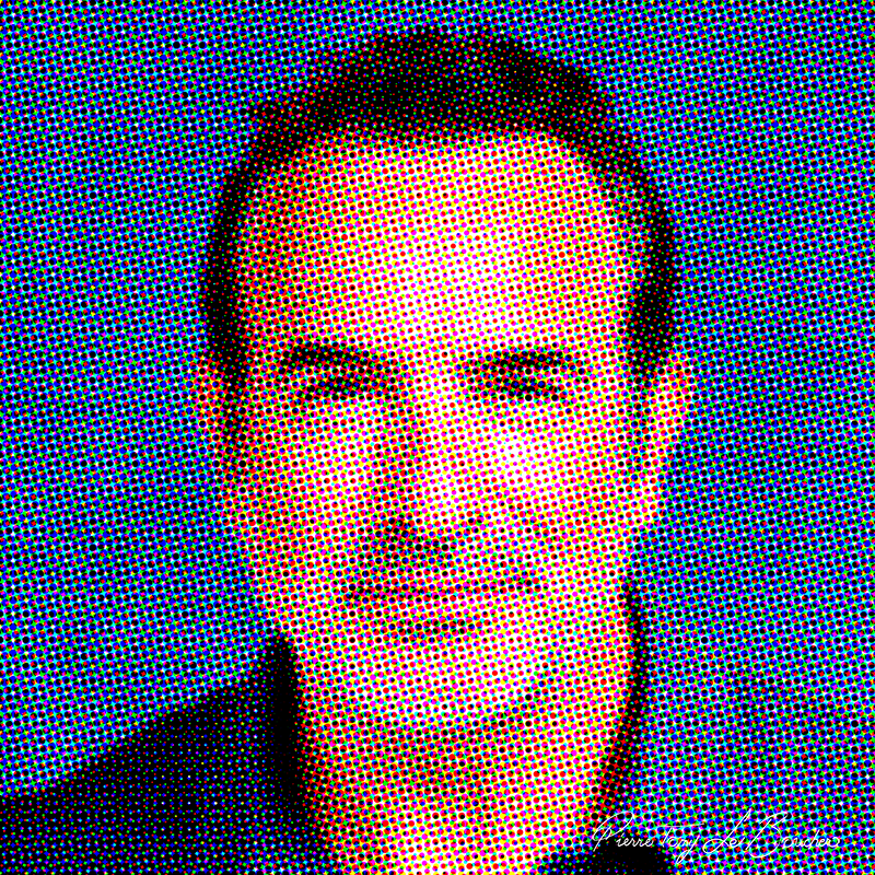 Portrait de Jean Dujardin traité par dilution optique, composé d’une trame très visible de points cyan, magenta, jaunes et noirs.